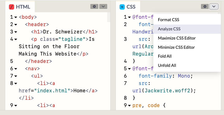 Screenshot of the Codepen Analyzer